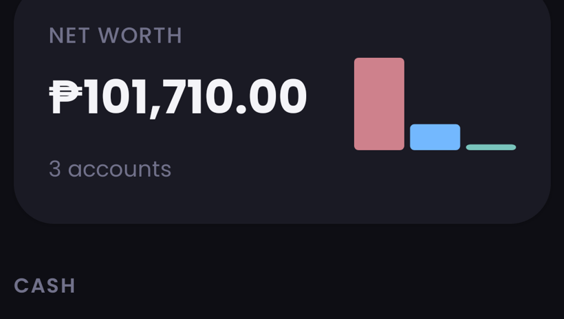 KwarTracker Accounts screen showing net worth and per-account balance bars