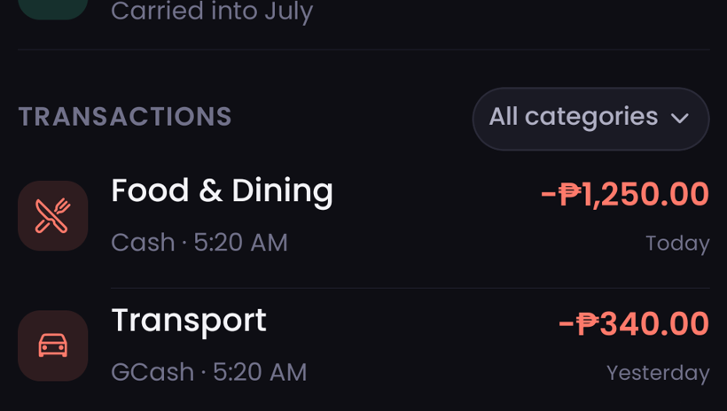 KwarTracker transaction list with color-coded categories