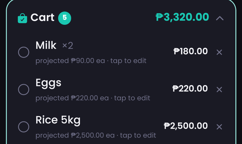 KwarTracker Budget Plan cart with projected total